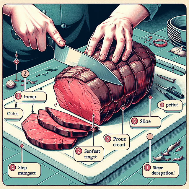 Slicing rested chuck roast against the grain with a sharp knife