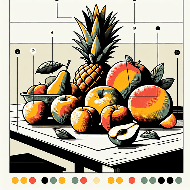 ripe peaches, pineapples, and pears arranged on a table