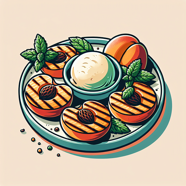 grilled peaches served with vanilla ice cream and mint garnish