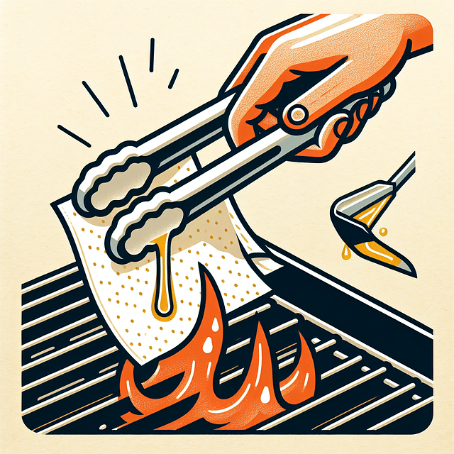 Tongs holding an oil-soaked paper towel rubbing on hot grill grates