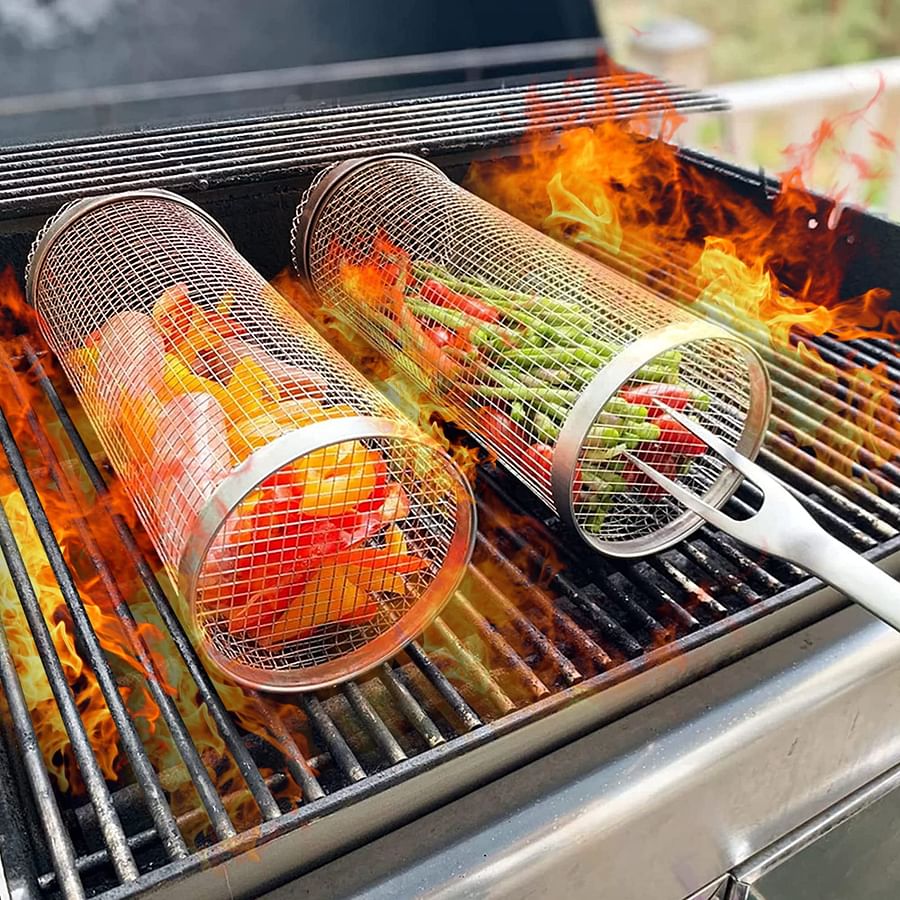 Fish grilling basket in use on a barbecue grill