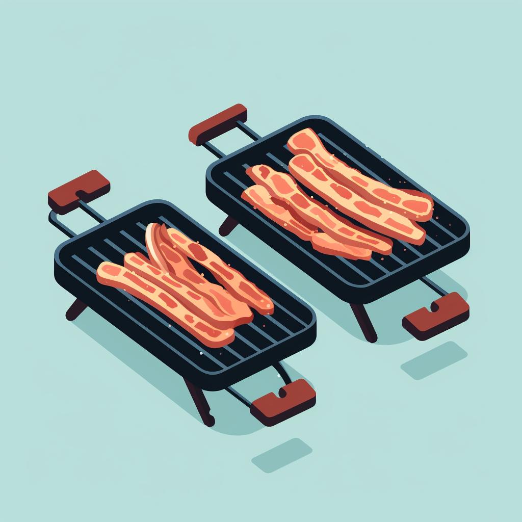 A pair of tongs flipping a bacon strip on the grill.
