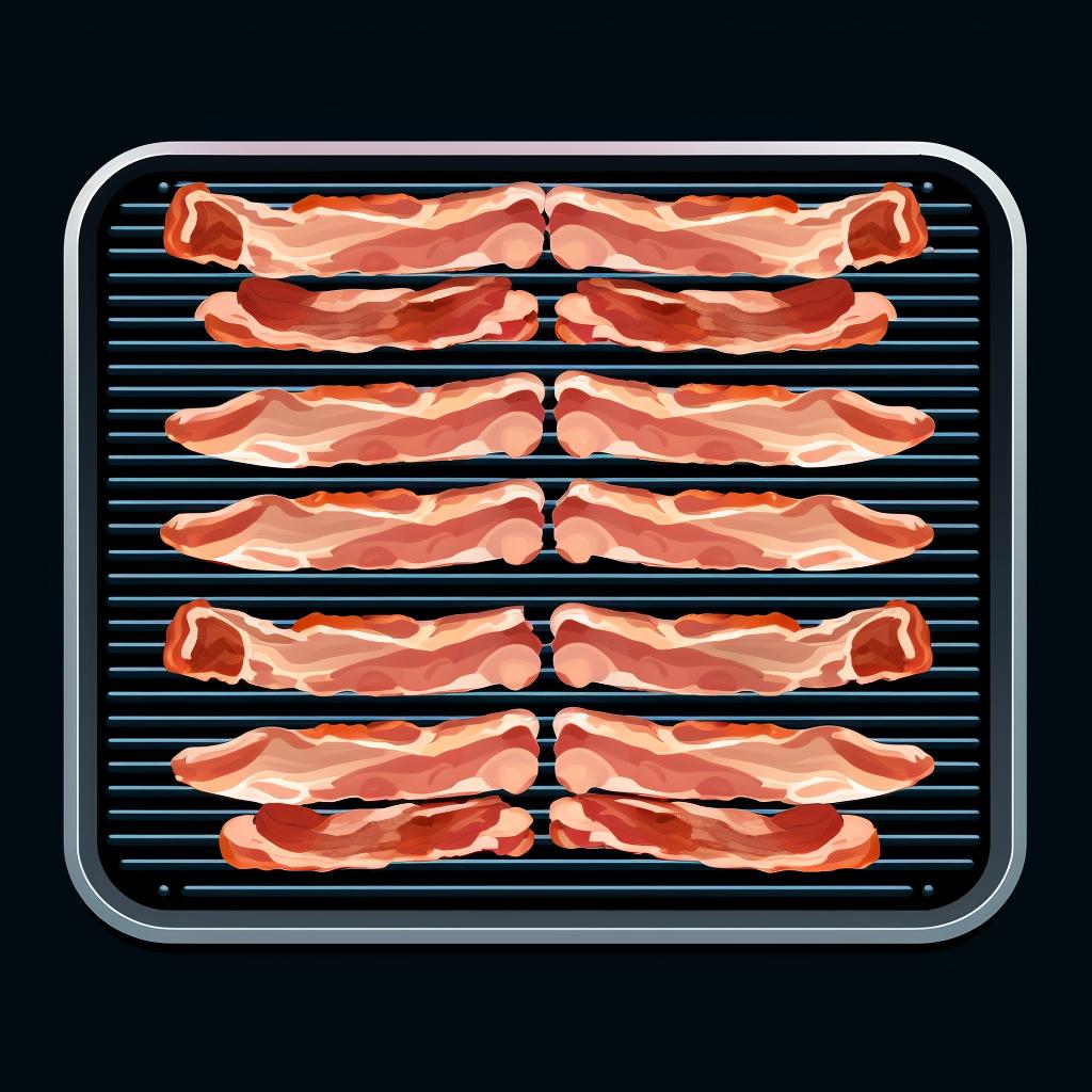 Bacon strips neatly arranged on a grill with space between each strip.