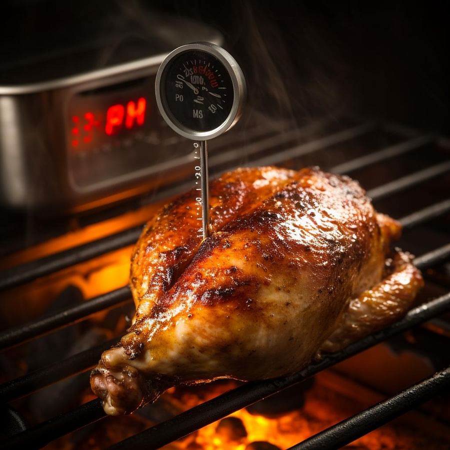 A meat thermometer inserted into grilled chicken