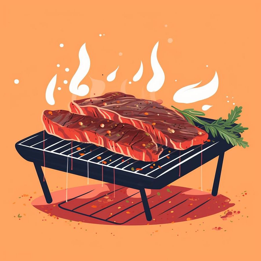 Marinated skirt steak being placed on a hot grill.