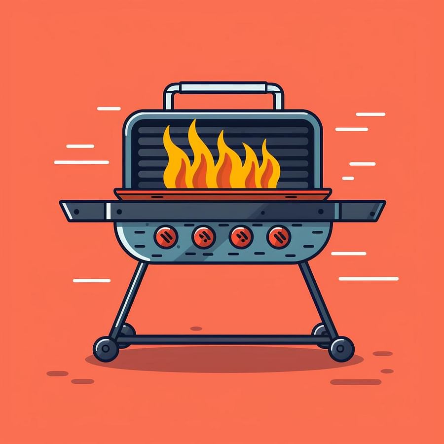 A grill with flames underneath, indicating it's preheating.