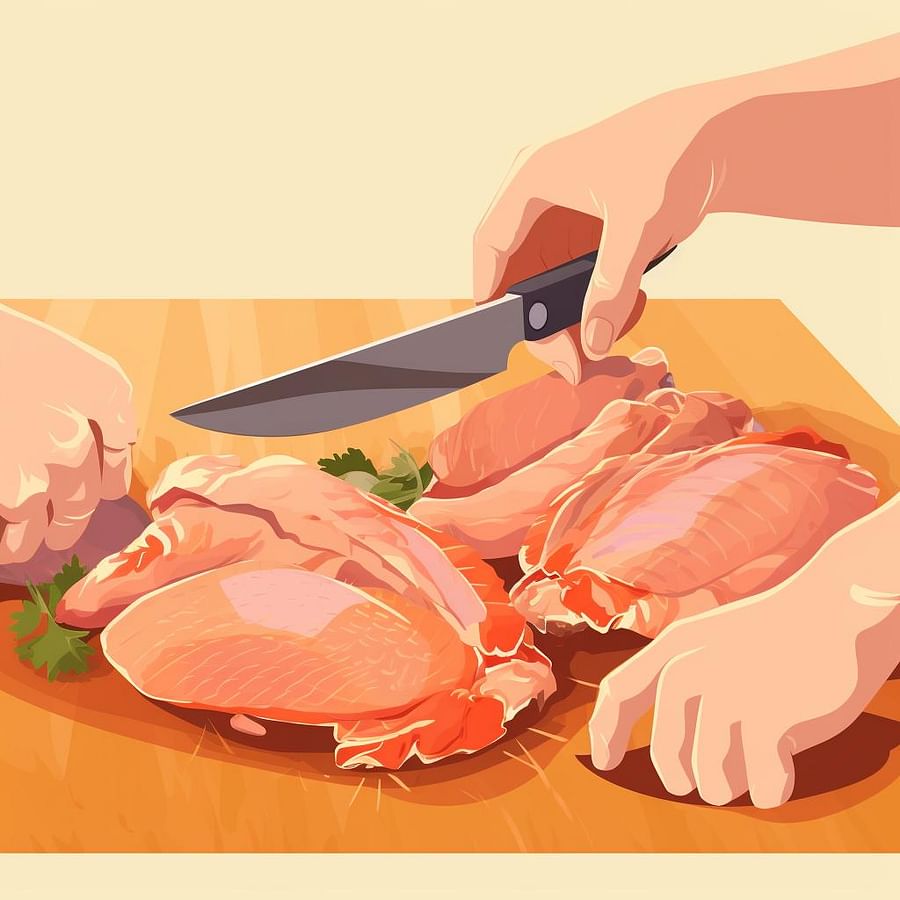 Hands using a knife to trim excess fat from chicken