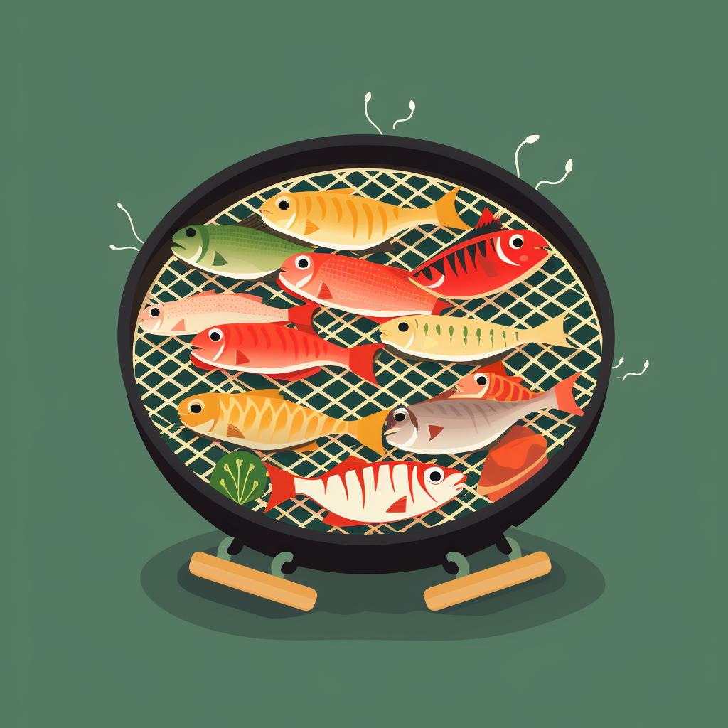 Fish arranged neatly inside a grilling basket