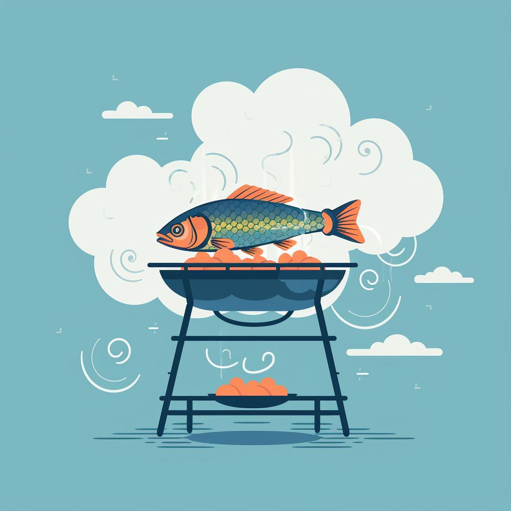 A fish grilling basket on a grill, with smoke rising