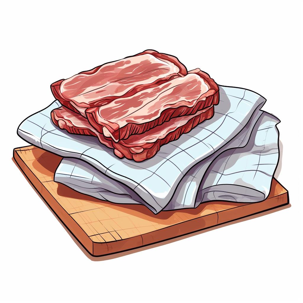 Pork steaks being patted dry with paper towels