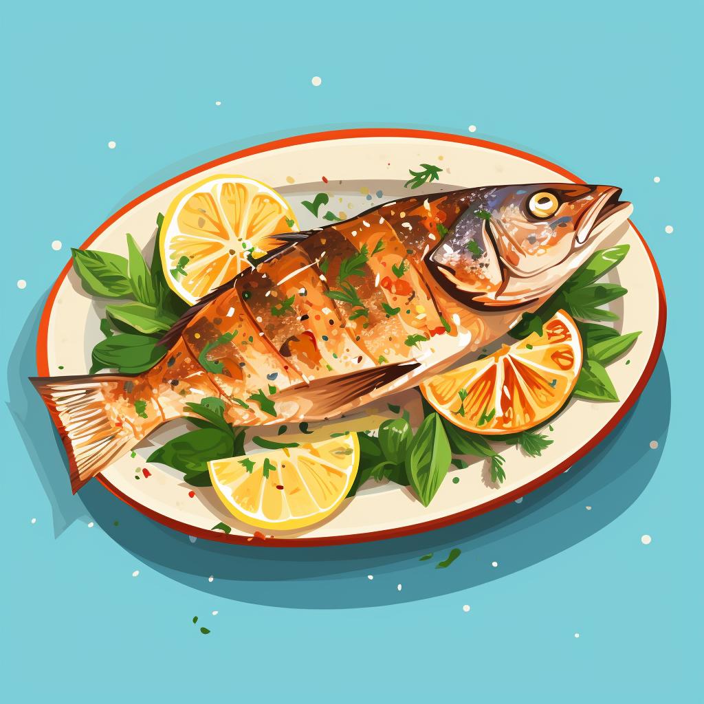 Grilled fish served on a plate with lemon wedges