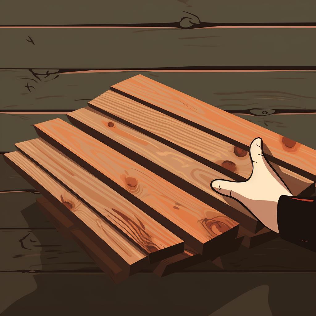 A hand selecting a cedar plank from a pile of planks