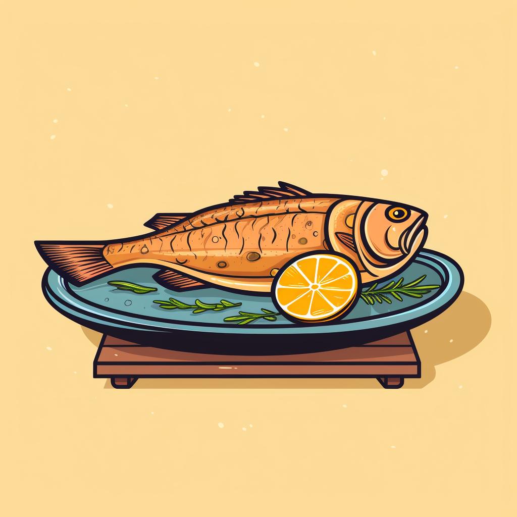 An oiled fish resting on a plate next to a grill