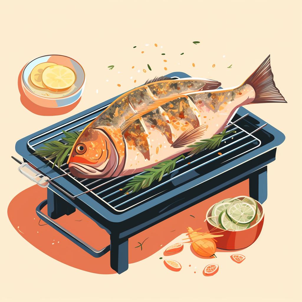 Seasoned fish being placed on a preheated grill.