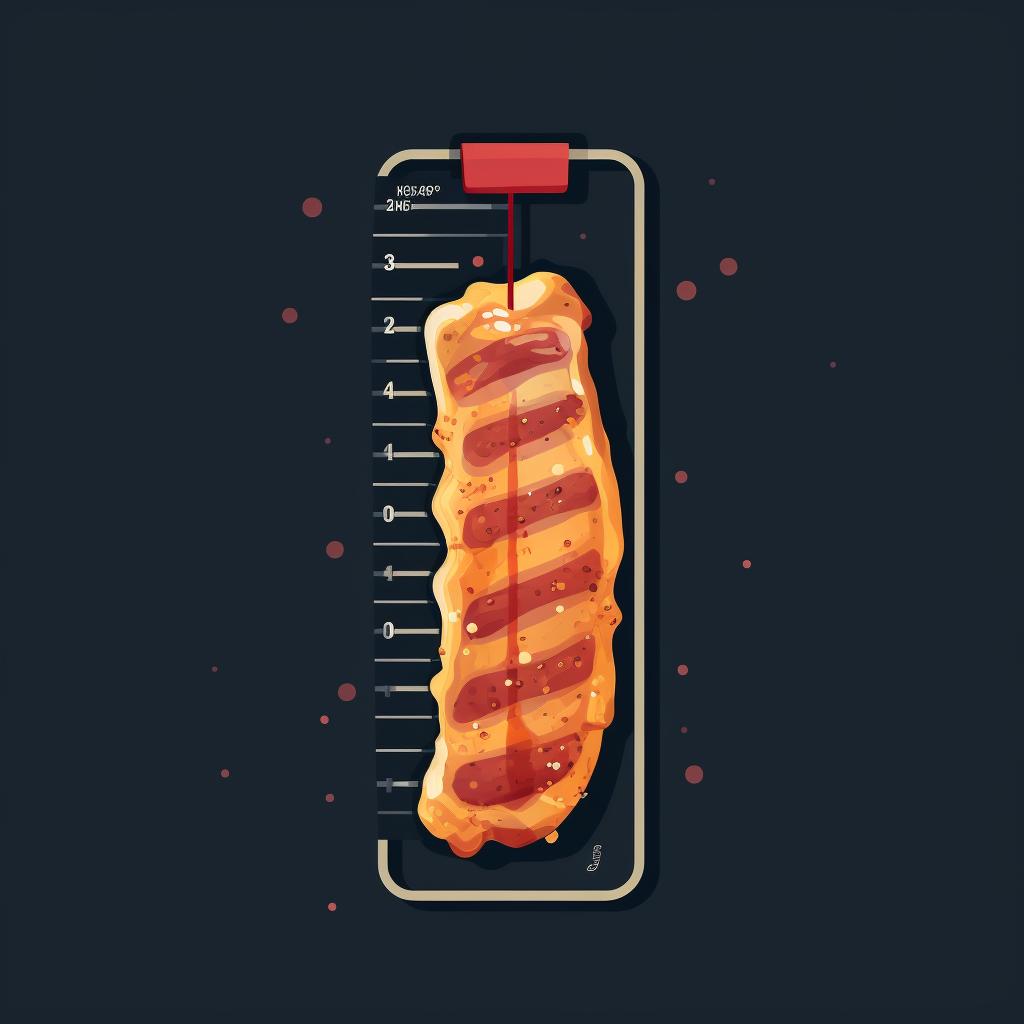 A thermometer reading 165°F in a grilled pork belly