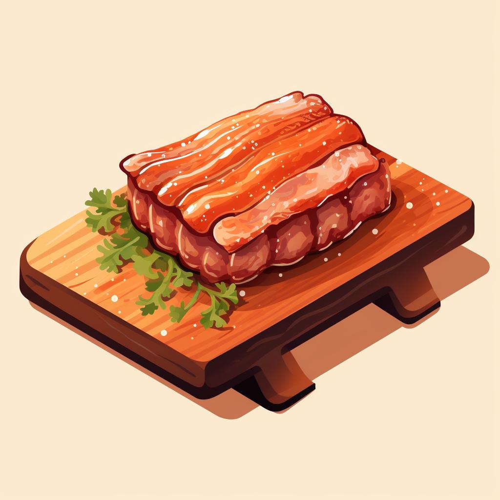 Grilled pork belly resting on a cutting board