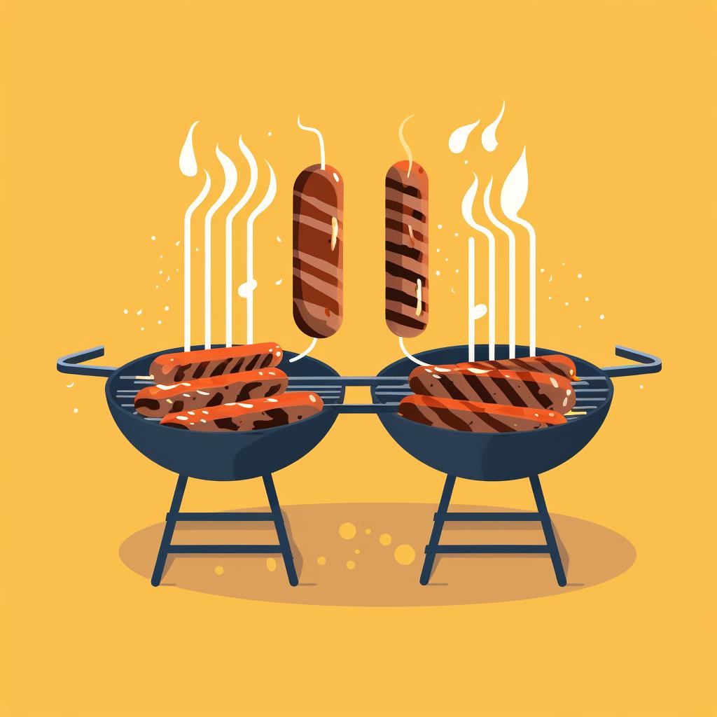 A pair of tongs turning bratwurst on a grill.